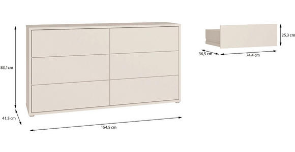 KOMMODE , 155/83/42 cm, 6 Schublade(n)  - Sandfarben/Silberfarben, Trend, Holzwerkstoff/Kunststoff (155/83/42cm) - Carryhome