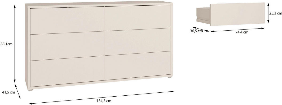 KOMMODE , 155/83/42 cm, 6 Schublade(n)  - Sandfarben/Silberfarben, Trend, Holzwerkstoff/Kunststoff (155/83/42cm) - Carryhome