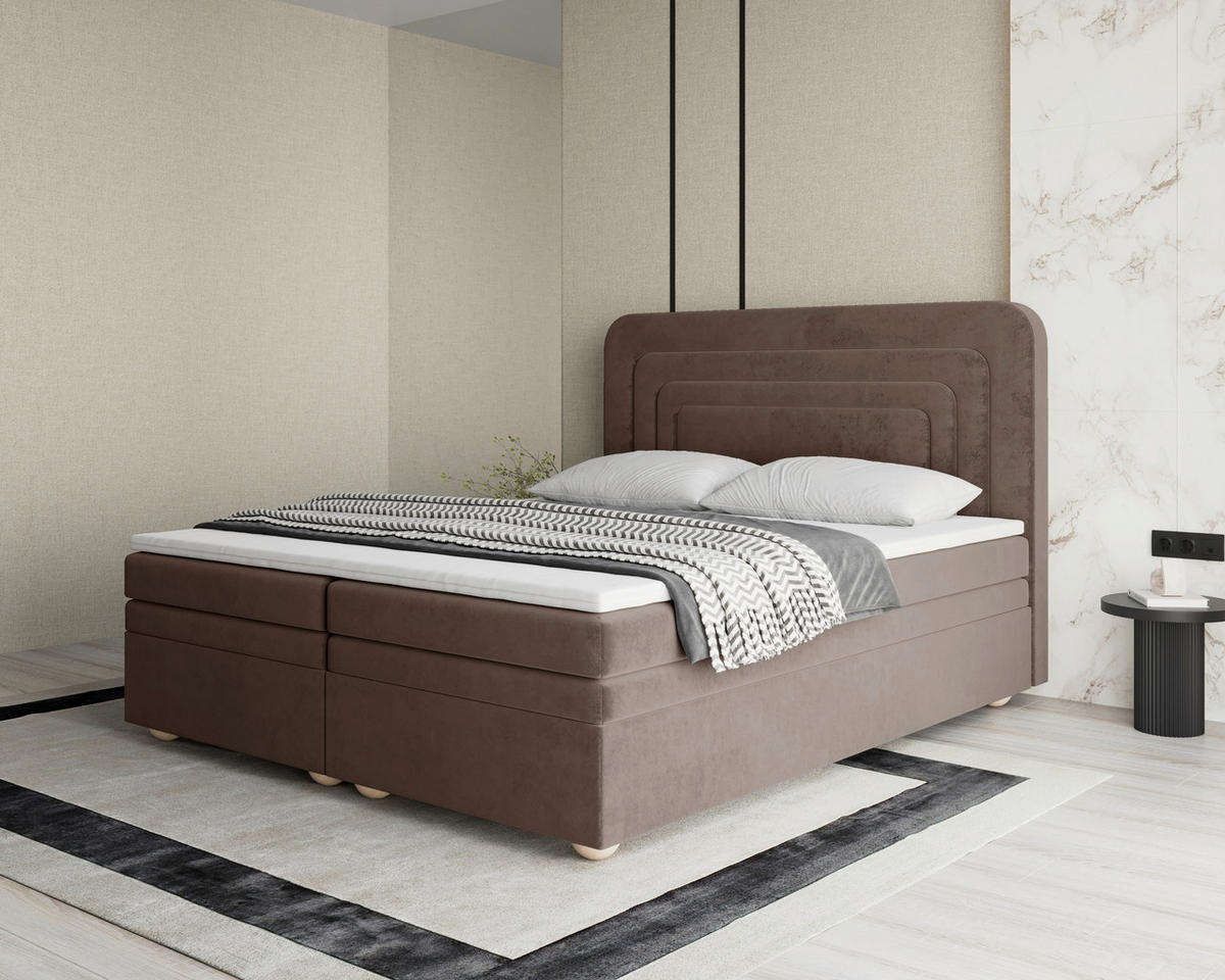 BOXBETT 180/200 cm,  in Braun, gepolstertes Kopfteil, Bettkasten, Topper, H2 + H3 = mittel + fest  - Braun, MODERN, Holz/Kunststoff (180/200cm) - Livetastic