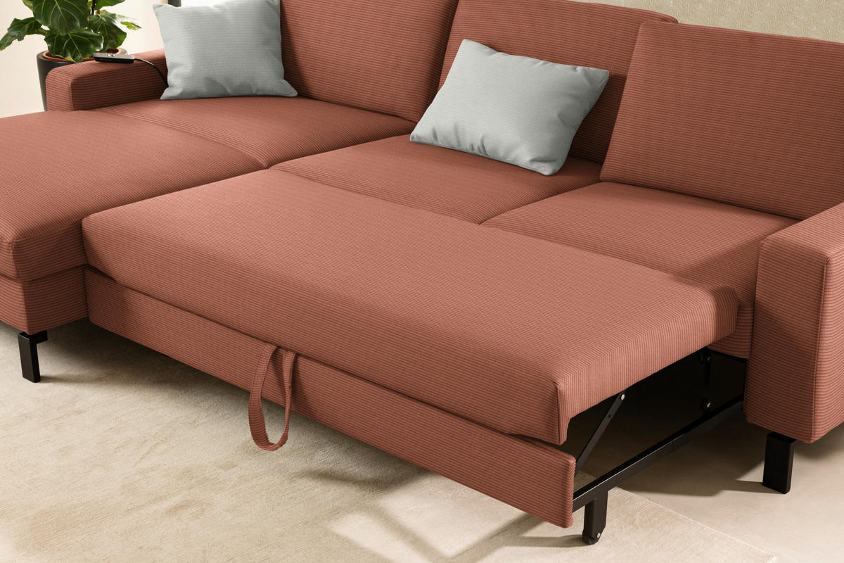 ECKSOFA  in Cord Rostfarben Rücken echt, Sitztiefenverstellung  185/298 cm  - Rostfarben/Schwarz, Design, Textil/Metall (185/298cm) - Pure Home Lifestyle