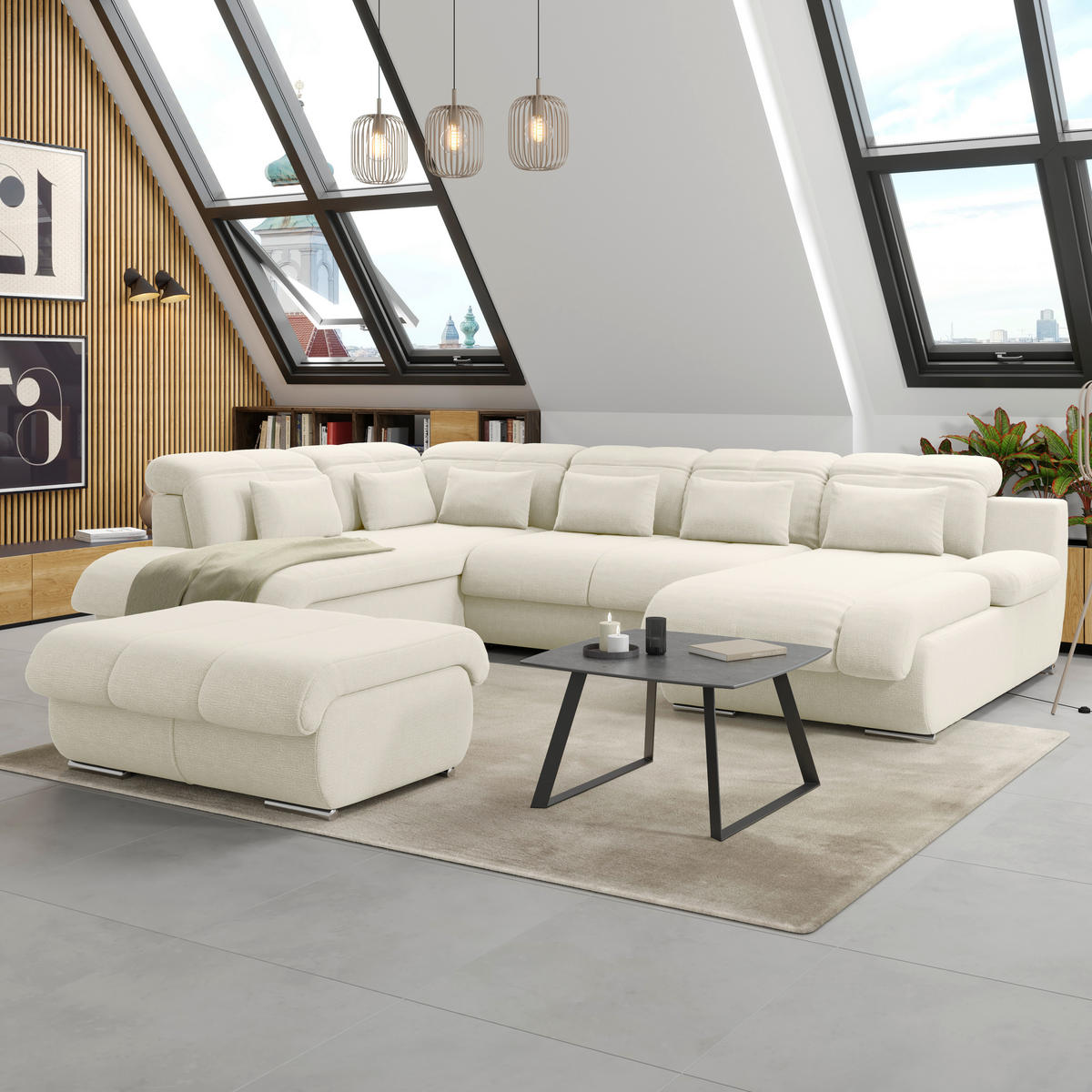 WOHNLANDSCHAFT MULTI Elfenbein Chenille  - Chromfarben/Elfenbein, MODERN, Textil/Metall (228/345/184cm) - Livetastic