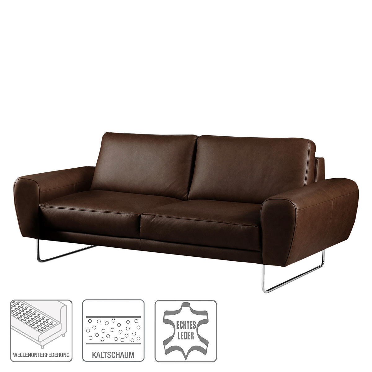 2-SITZER-SOFA in Echtleder Dunkelbraun  - Chromfarben/Dunkelbraun, Design, Leder/Metall (177/85/92cm) - Livetastic
