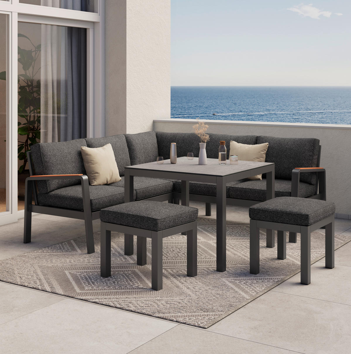 TERASOVÁ SEDACÍ SOUPRAVA 4dílné, kov, textil, keramika - černá/antracitová, Moderní, kov/textil (193/193cm) - Beldano