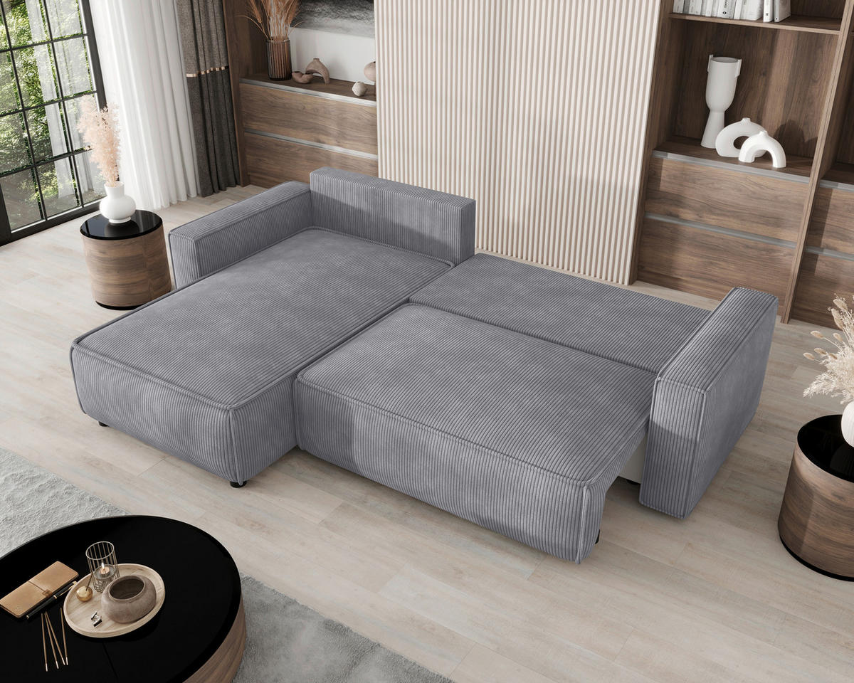 ECKSOFA Grau Cord Zierkissen, Rückenkissen, Bettkasten, Schlaffunktion, Rücken echt, Liegefläche im Originalstoff  - Schwarz/Grau, MODERN, Kunststoff/Textil (190/280cm) - Carryhome