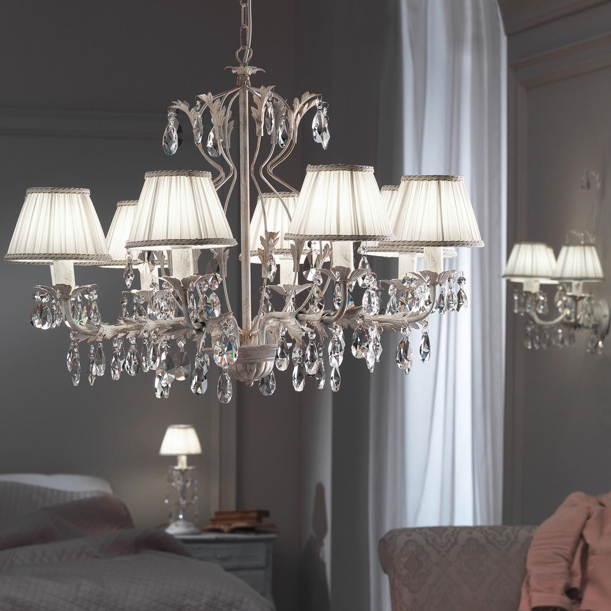 KRISTALL-HÄNGELEUCHTE 80/105 cm   - Weiß, Natur, Glas/Textil (80/105cm)