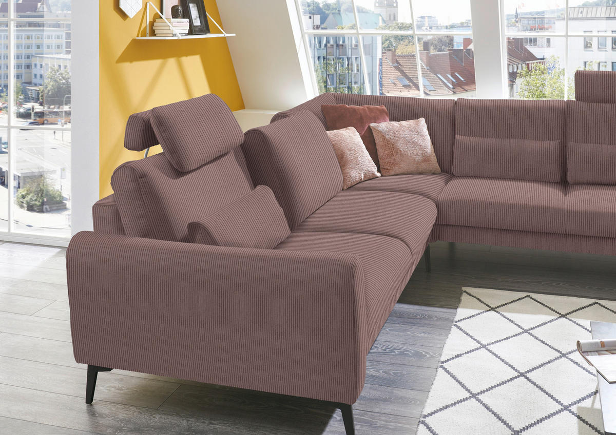 ECKSOFA in Velours, Feincord Altrosa  - Schwarz/Altrosa, Design, Textil/Metall (280/254cm) - Beldomo Style