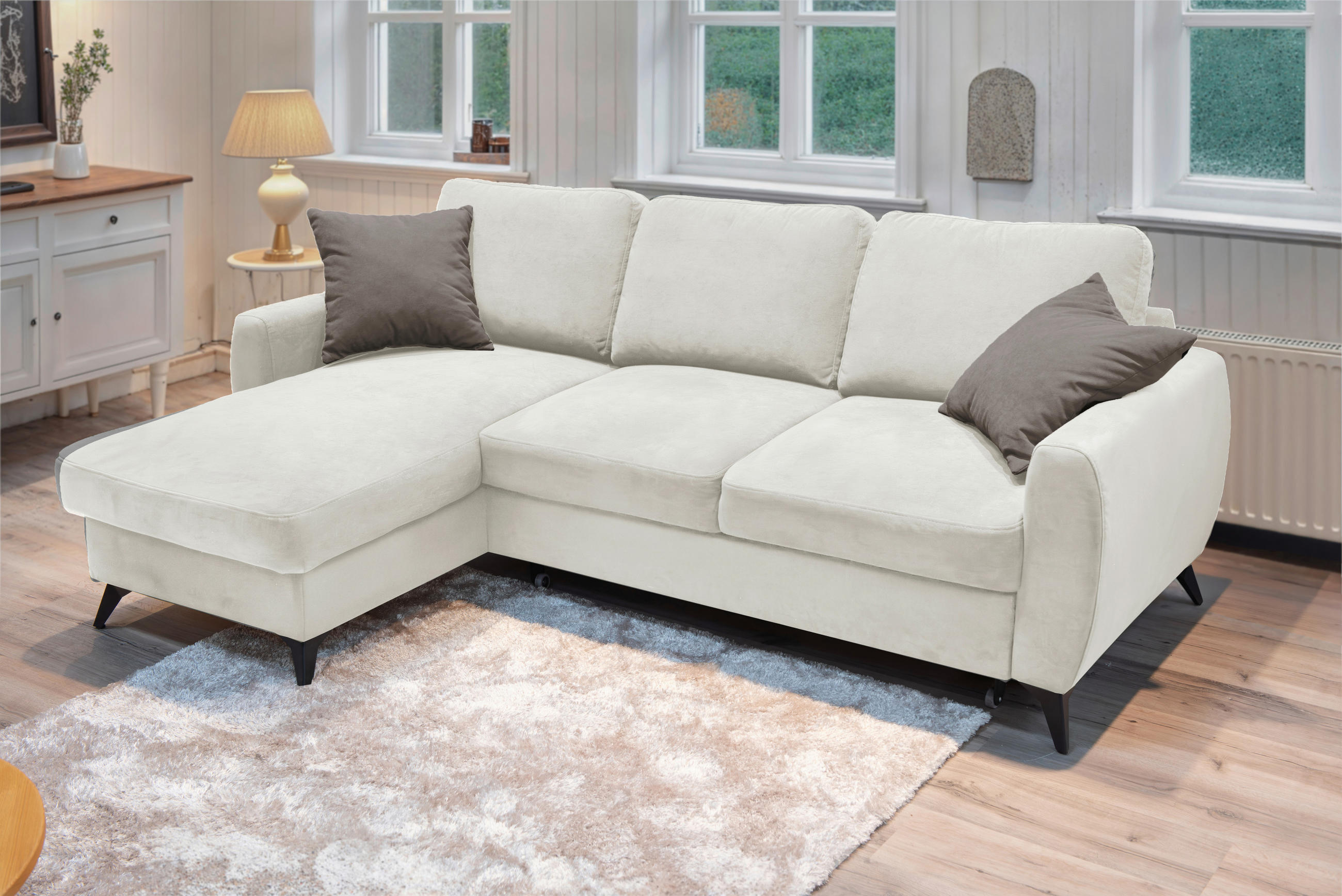 ECKSCHLAFSOFA JEFFREY Mikrovelours Creme  inkl. Rückenkissen, Stauraum, Zierkissen  - Taupe/Creme, KONVENTIONELL, Textil/Metall (230/150cm) - Livetastic