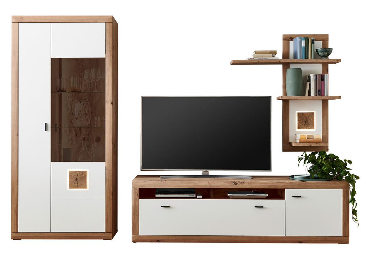 WOHNWAND  in Weiss, Eiche Artisan 295,4/206,3/50,1 cm  - Weiss/Anthrazit, Konventionell, Glas/Holzwerkstoff (295,4/206,3/50,1cm) - Stylife