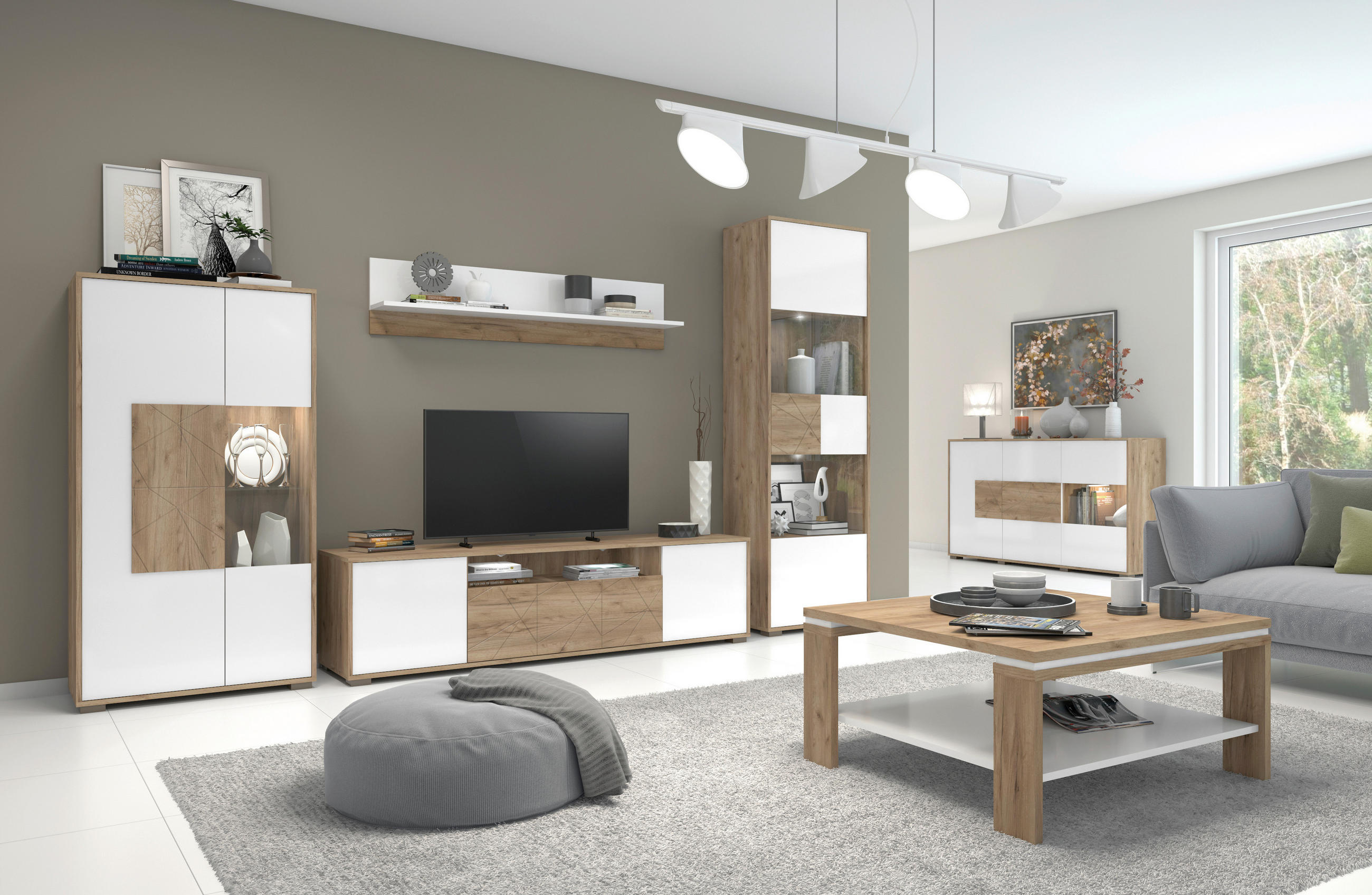 VITRINA boja hrasta, bela visoki sjaj   - siva/boja hrasta, Dizajnerski, staklo/pločasti materijal (62/194/41cm)