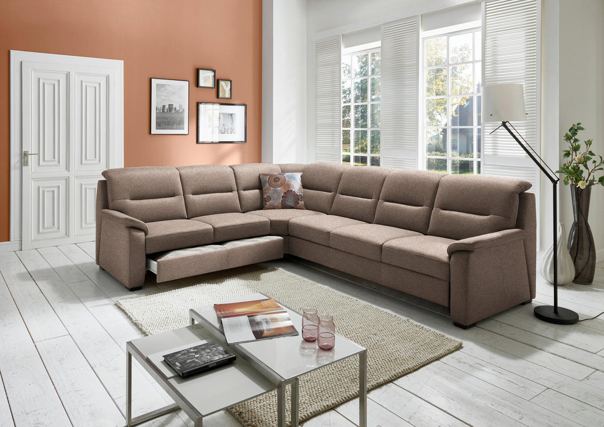 ECKSOFA in Mikrofaser Sandfarben  - Sandfarben/Schwarz, Konventionell, Holz/Textil (245/303cm) - Beldomo Comfort