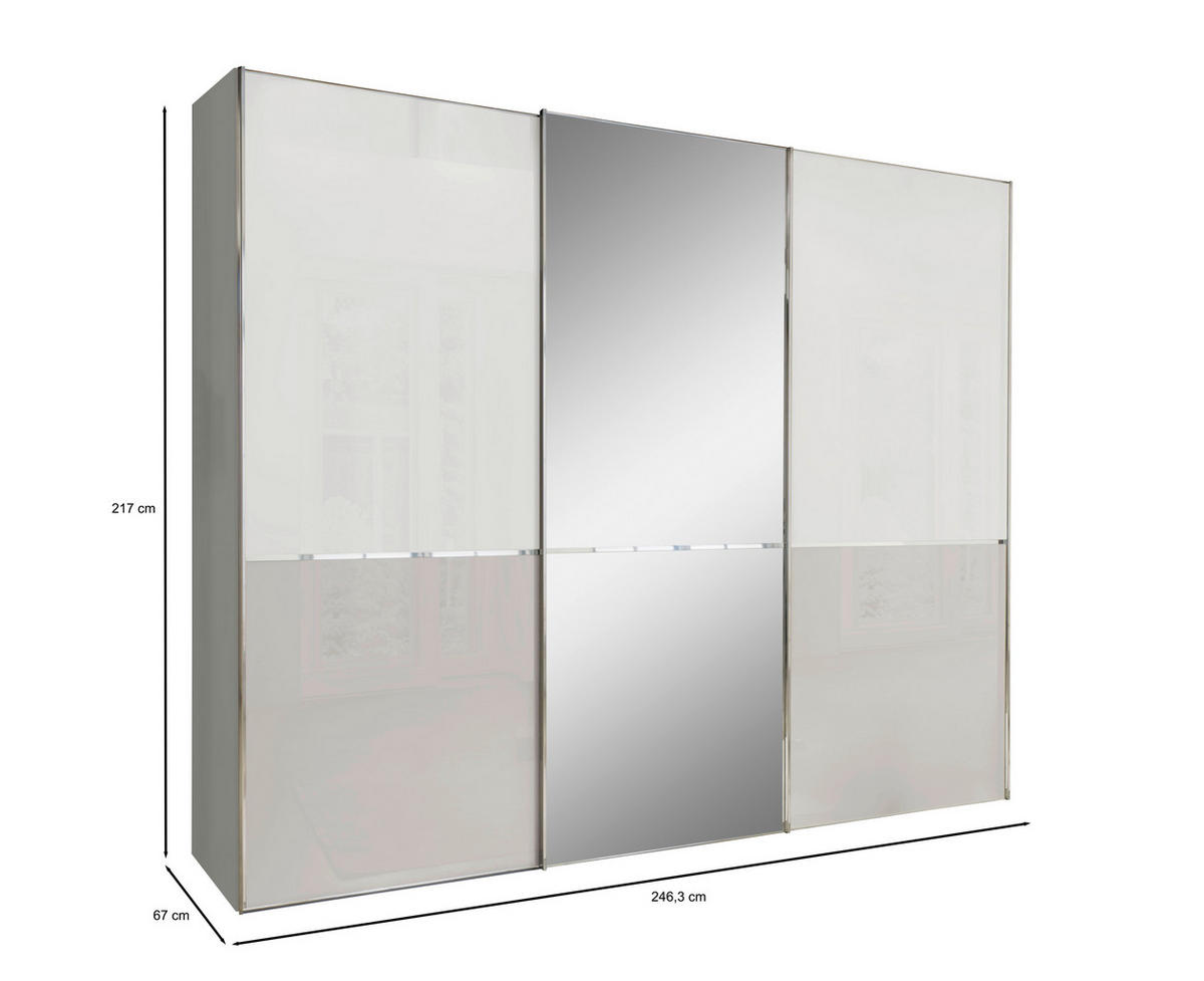 SCHWEBETÜRENSCHRANK  in Grau, Weiß  - Chromfarben/Weiß, KONVENTIONELL, Glas/Holzwerkstoff (250/217/67cm) - Novel