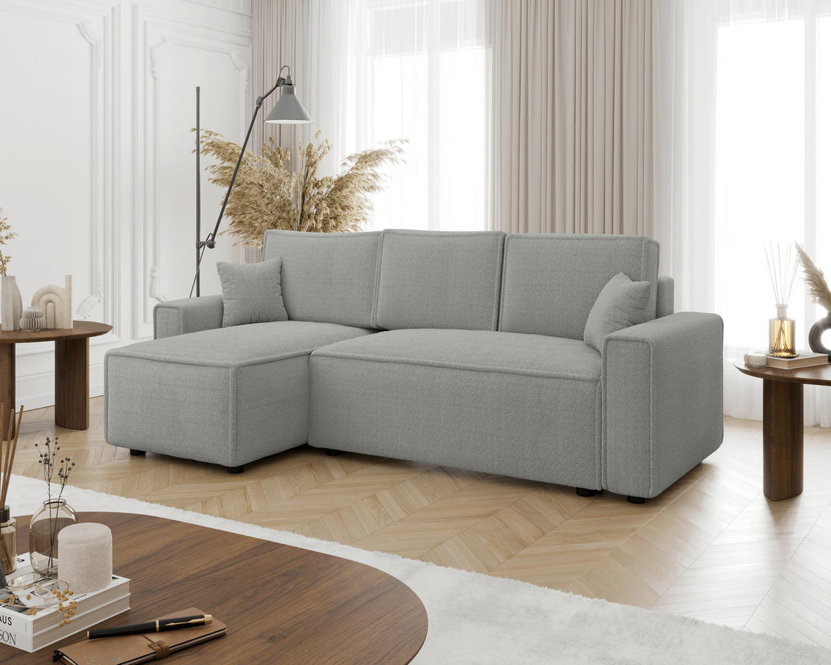 ECKSOFA Hellgrau Bouclé Zierkissen, Rückenkissen, Bettkasten, Schlaffunktion, Rücken echt, Liegefläche im Originalstoff  - Hellgrau/Schwarz, MODERN, Kunststoff/Textil (143/232cm) - Carryhome