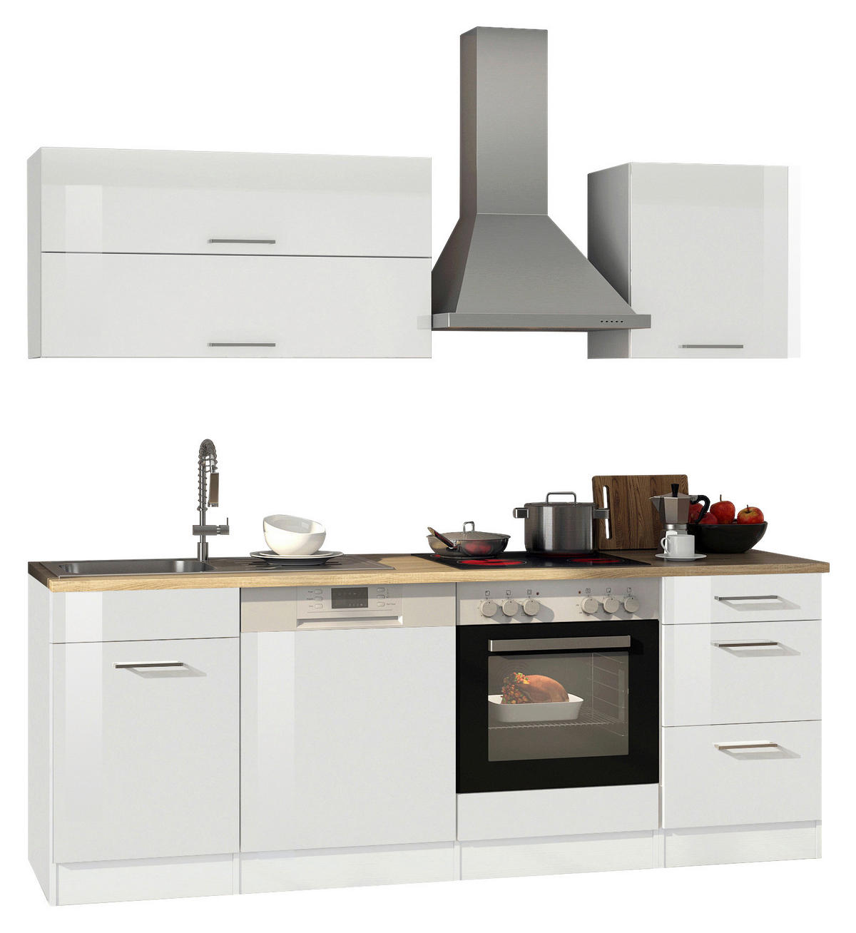 KÜCHENBLOCK 220 cm   in Weiss, Eichefarben, Weiss Hochglanz  - Weiss Hochglanz/Chromfarben, Modern, Holzwerkstoff/Metall (220cm) - Held