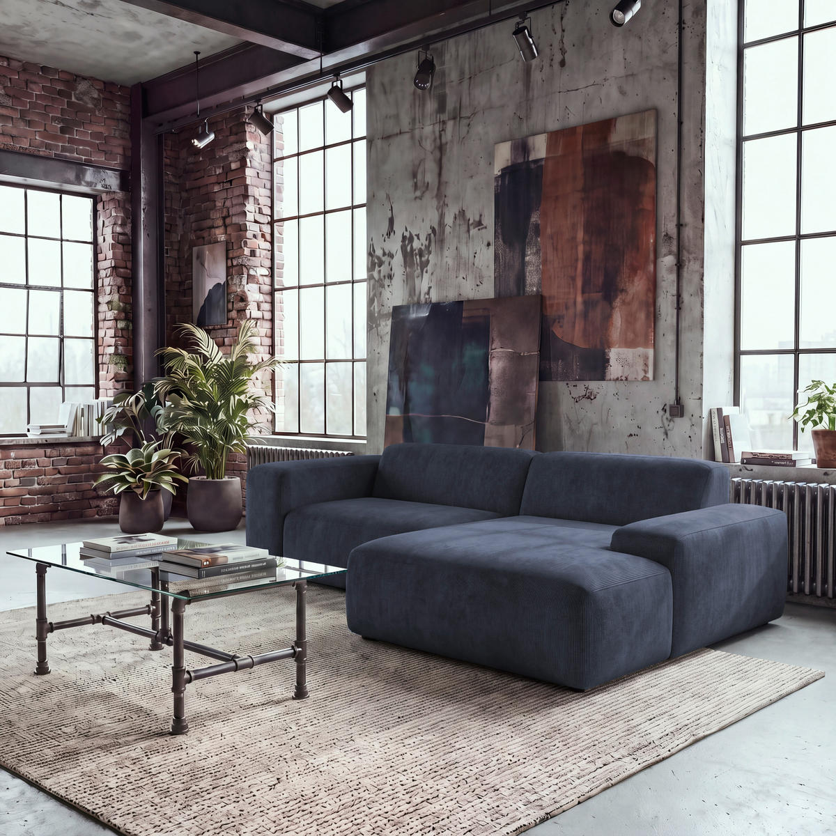 ECKSOFA HANNAH Blau Cord  - Blau/Schwarz, Design, Kunststoff/Textil (252/170cm) - MID.YOU