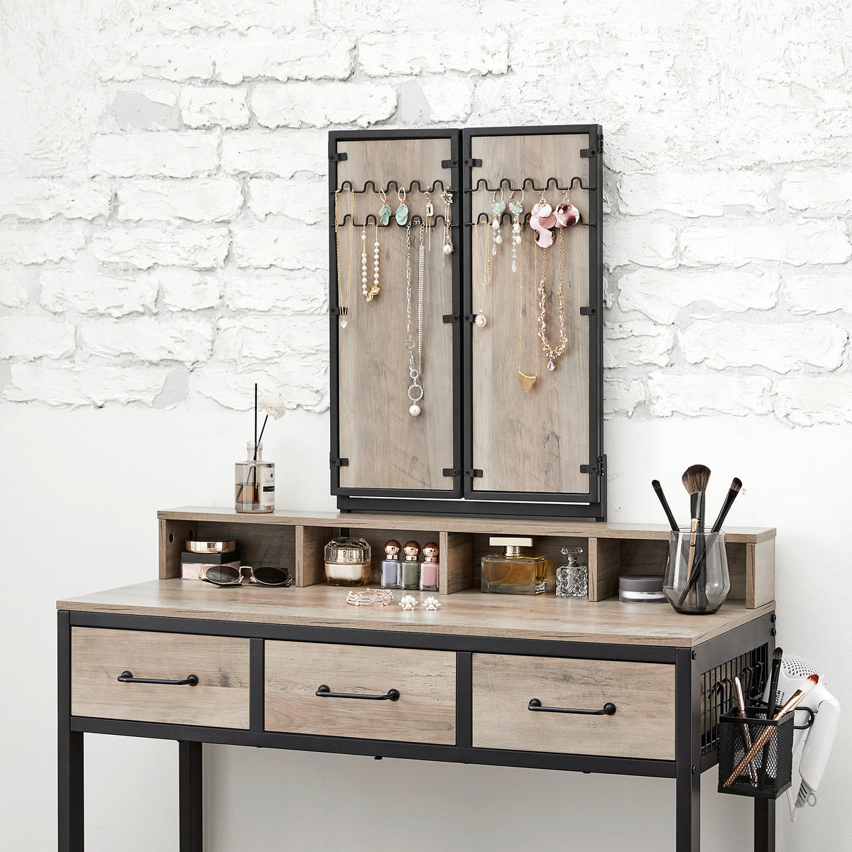 SCHMINKTISCH Greige, Schwarz  - Greige/Schwarz, Trend, Glas/Holzwerkstoff (90/40/141cm) - Boxxx