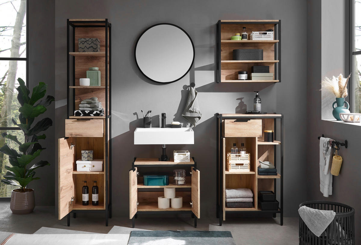 MIDISCHRANK 60/105/30 cm  - Eichefarben/Schwarz, KONVENTIONELL, Holzwerkstoff/Kunststoff (60/105/30cm) - home24