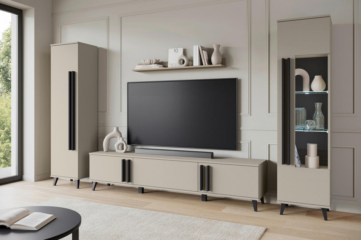 WOHNWAND 4-teilig  in Beige 260/159,5/33 cm  - Beige/Schwarz, Trend, Glas/Holzwerkstoff (260/159,5/33cm)