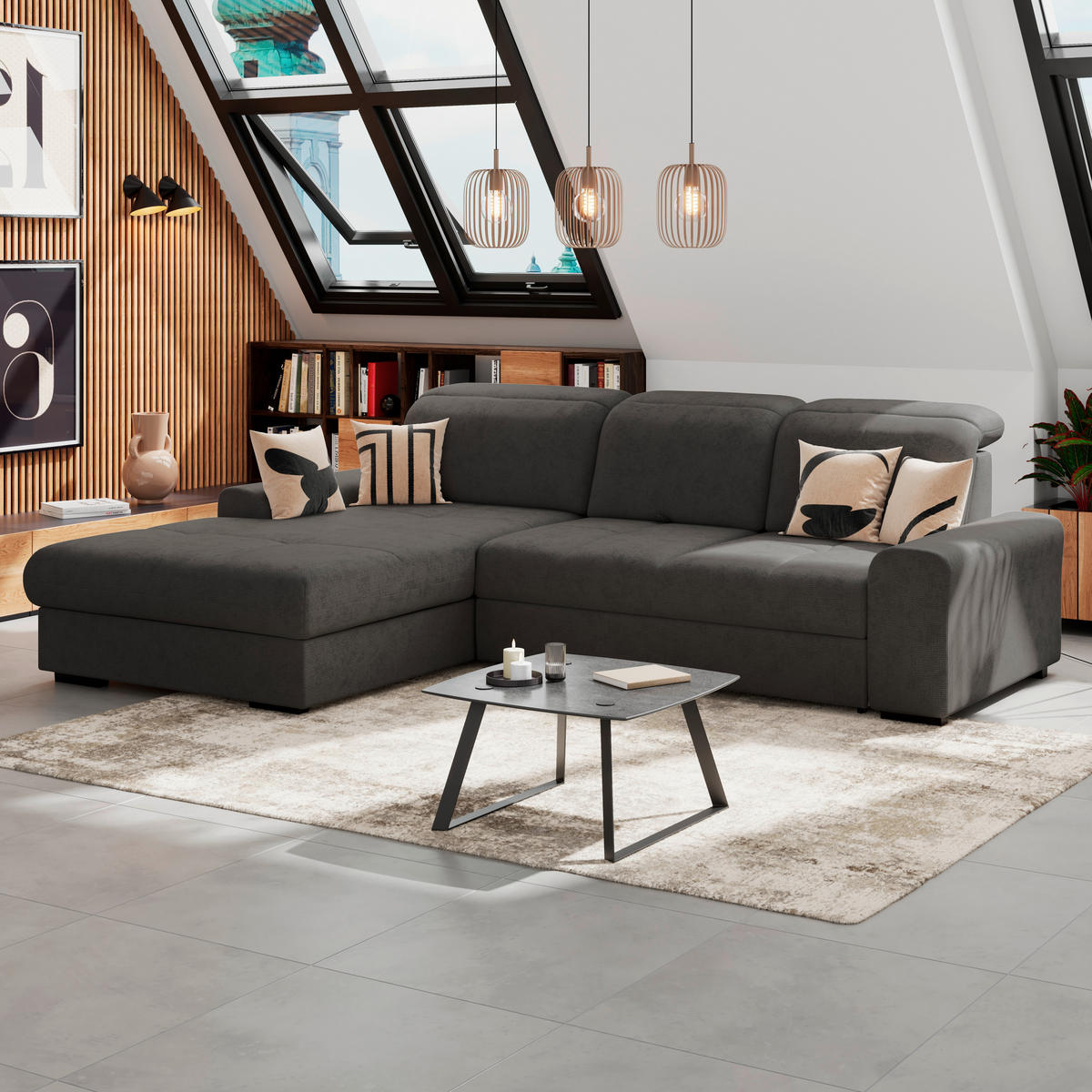 ECKSOFA Graphitfarben Chenille Rücken echt, Kopfteilverstellung  - Schwarz/Graphitfarben, KONVENTIONELL, Holz/Textil (203/286cm) - MID.YOU