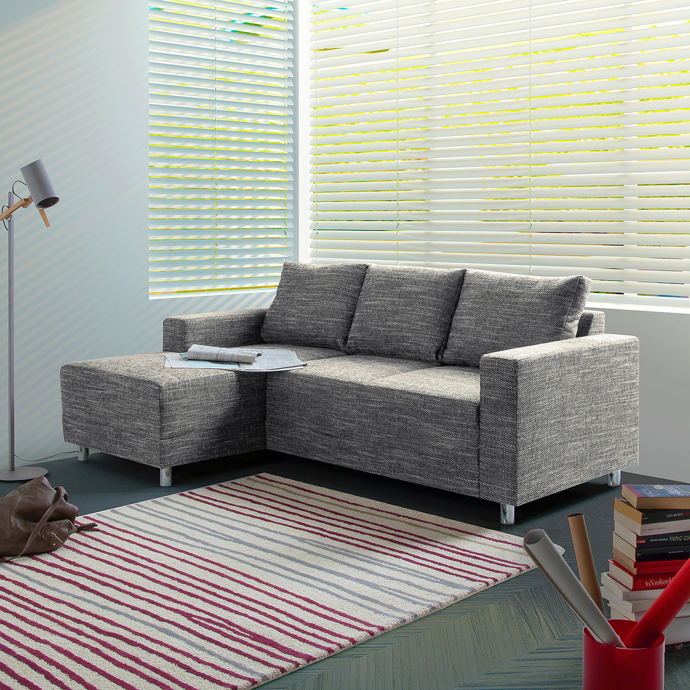 ECKSOFA Grau Struktur  - Chromfarben/Grau, Design, Textil/Metall (144/200cm) - MID.YOU