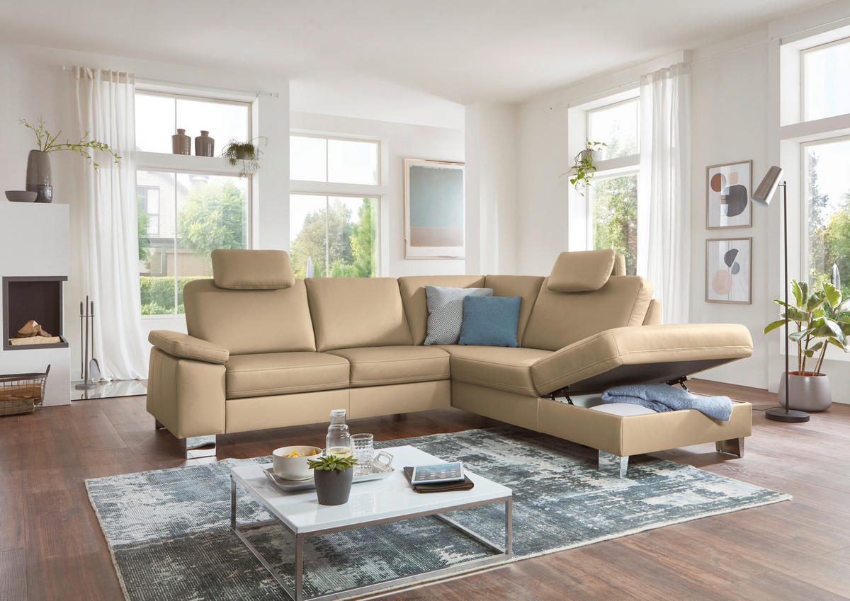 ECKSOFA  in Echtleder Beige  248/235 cm  - Beige/Alufarben, Design, Leder/Metall (248/235cm) - Beldomo Premium