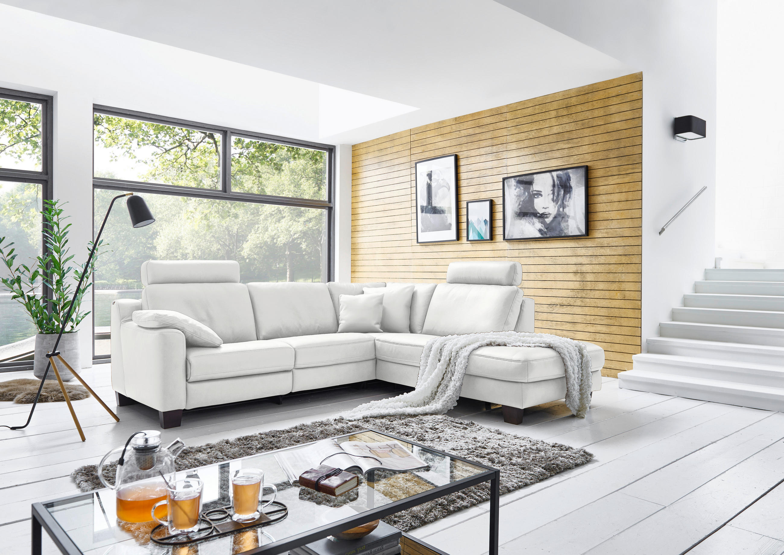 ECKSOFA in Echtleder Hellgrau  - Eichefarben/Hellgrau, Design, Leder/Holz (259/235cm) - Valdera