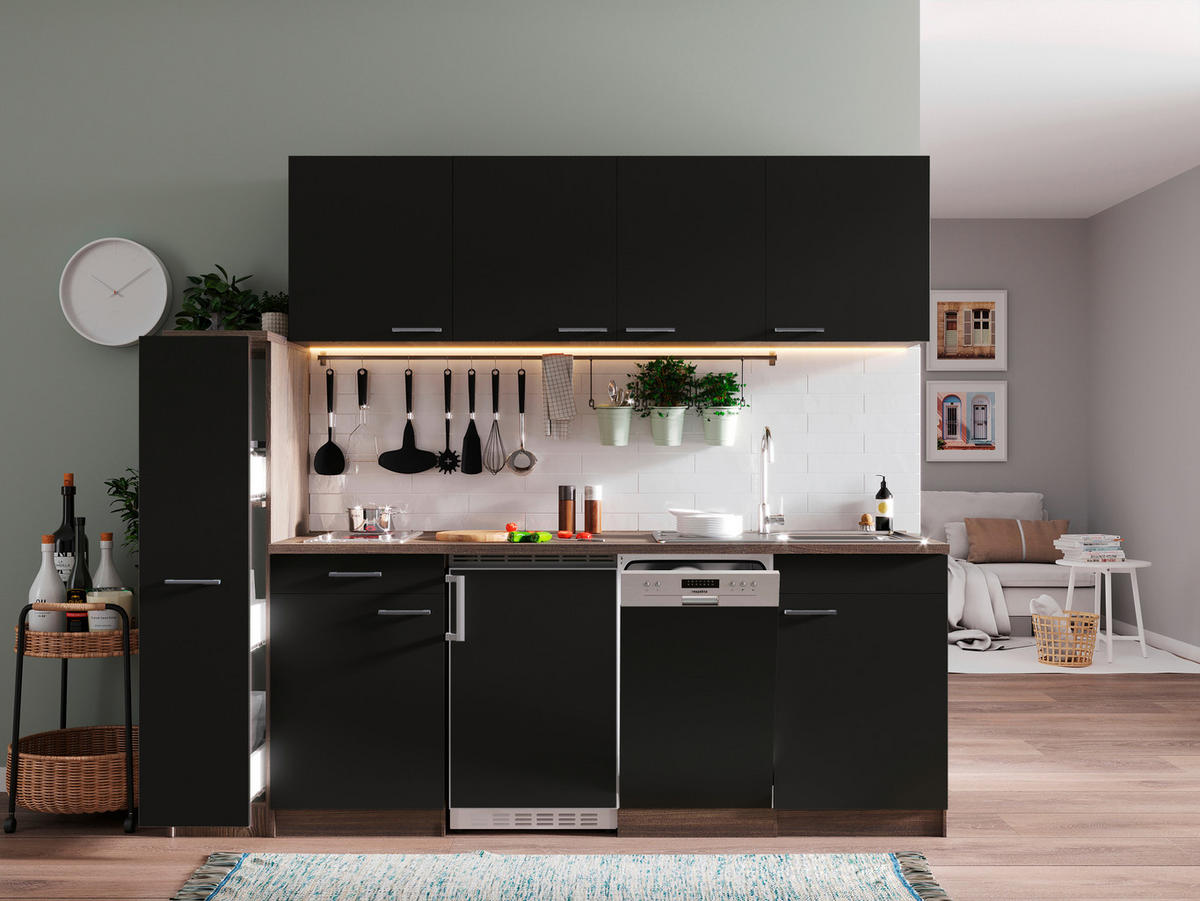 KÜCHENBLOCK 225 cm   in Schwarz  - Eichefarben/Alufarben, Basics, Holzwerkstoff/Kunststoff (225cm) - Respekta