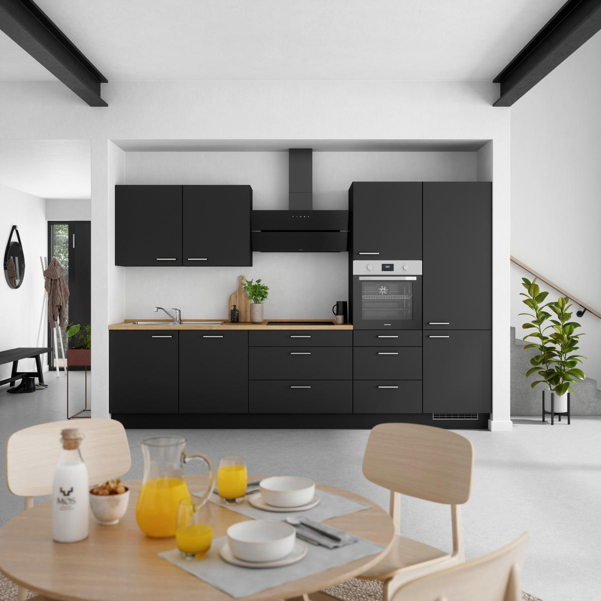 KÜCHENLEERBLOCK 330 cm   in Schwarz, Eichefarben  - Edelstahlfarben/Eichefarben, MODERN, Holzwerkstoff/Metall (330cm) - Nobilia