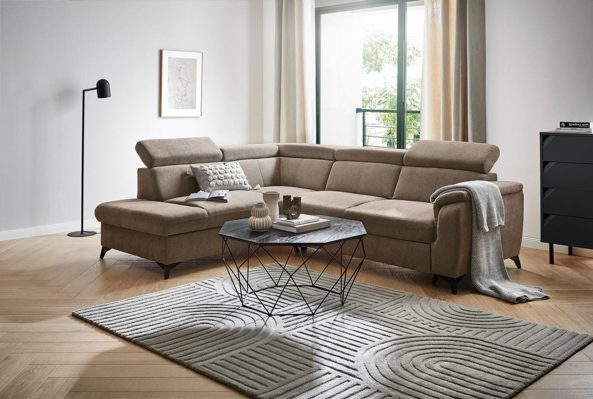 ECKSOFA in Chenille Braun, Schlammfarben  - Schlammfarben/Schwarz, Design, Textil/Metall (203/260cm) - Stylife