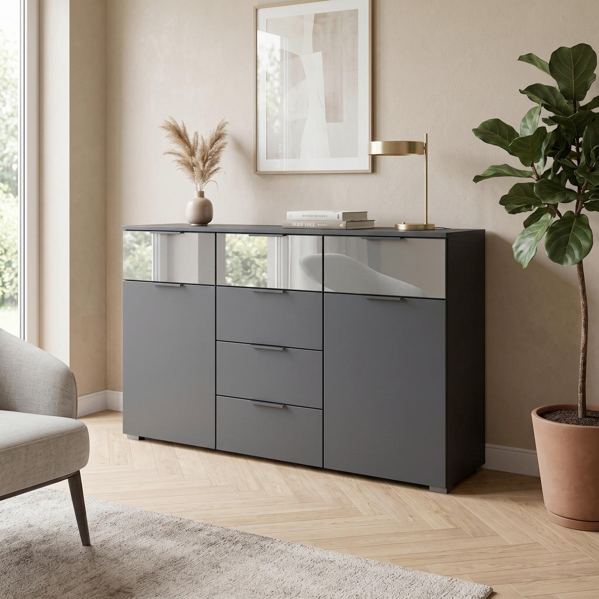 SIDEBOARD  120/81/42 cm 6 Schublade(n)  - Alufarben/Grau, Modern, Glas/Holzwerkstoff (120/81/42cm) - Rauch Möbel