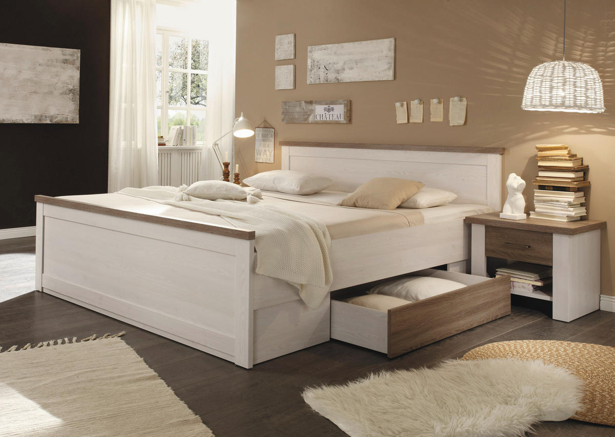 SET KREVETA I NOĆNIH ORMARIĆA   180/200 cm   bijela, boje tartuf hrasta  - bijela/boje tartuf hrasta, Design, drvni materijal (180/200cm) - Carryhome