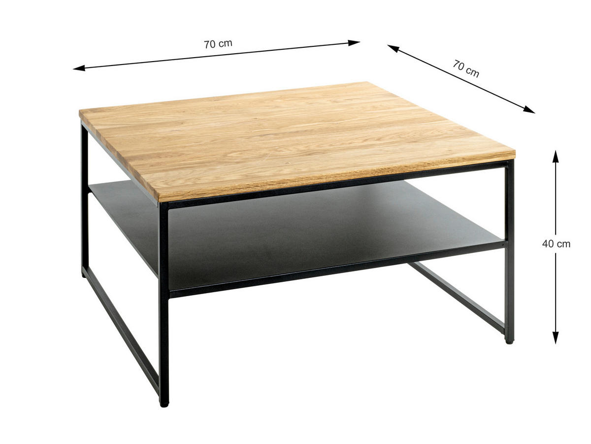 COUCHTISCH Eiche massiv 70/70/40 cm quadratisch Schwarz, Eichefarben  - Eichefarben/Schwarz, Design, Holz/Metall (70/70/40cm)