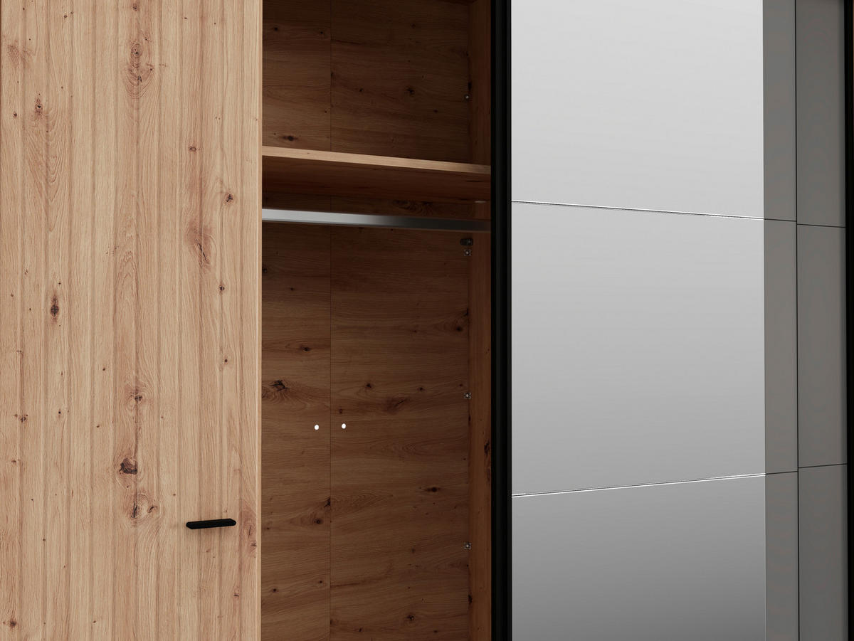 KLEIDERSCHRANK 232/218,5/58 cm,  in Graphitfarben, Schwarz, Eiche Artisan, 4-türig  - Graphitfarben/Schwarz, MODERN, Glas/Holzwerkstoff (232/218,5/58cm) - MID.YOU