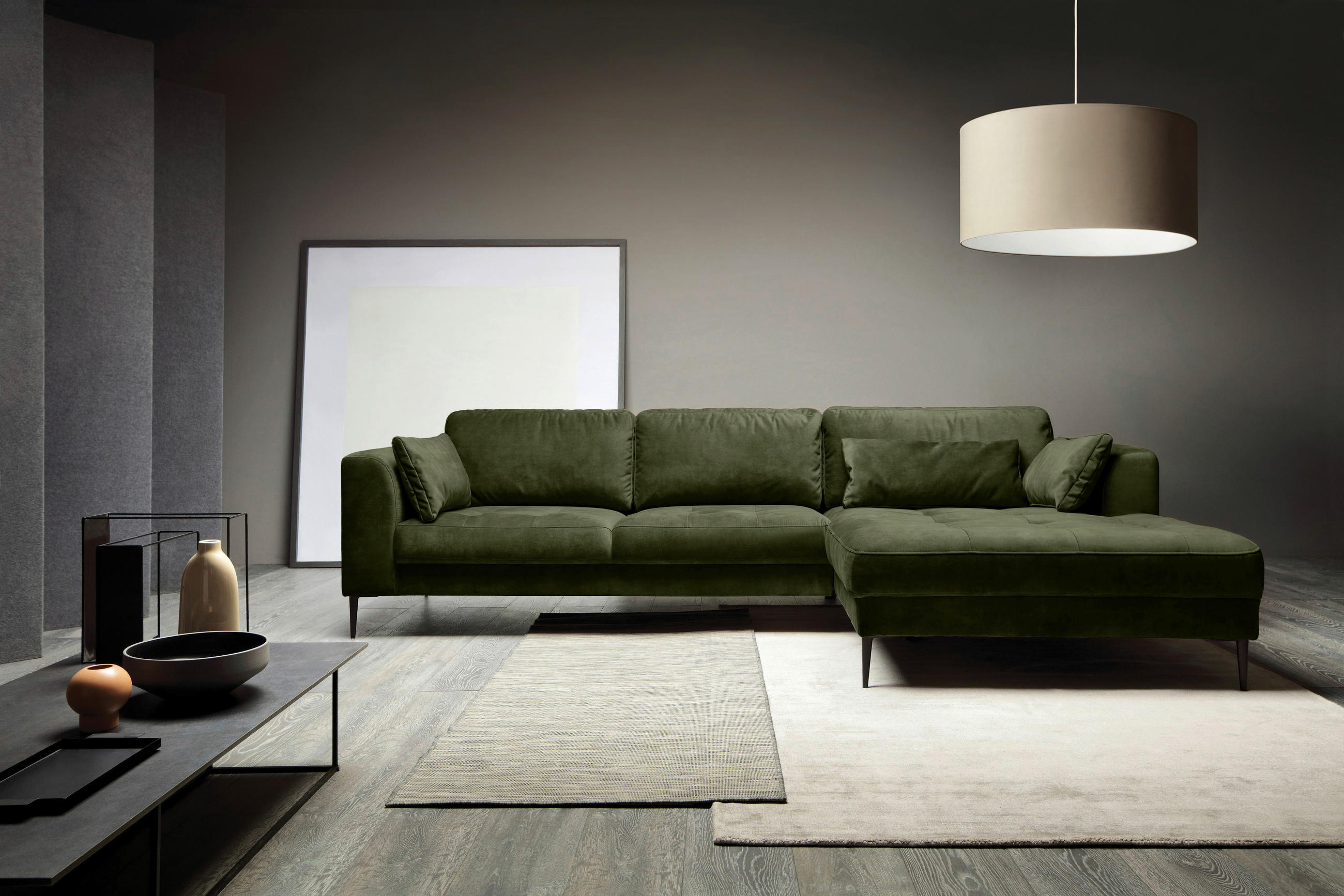 ECKSOFA in Mikrofaser Dunkelgrün - Dunkelgrün/Schwarz, Modern, Textil (280/168cm) - Trendmanufaktur