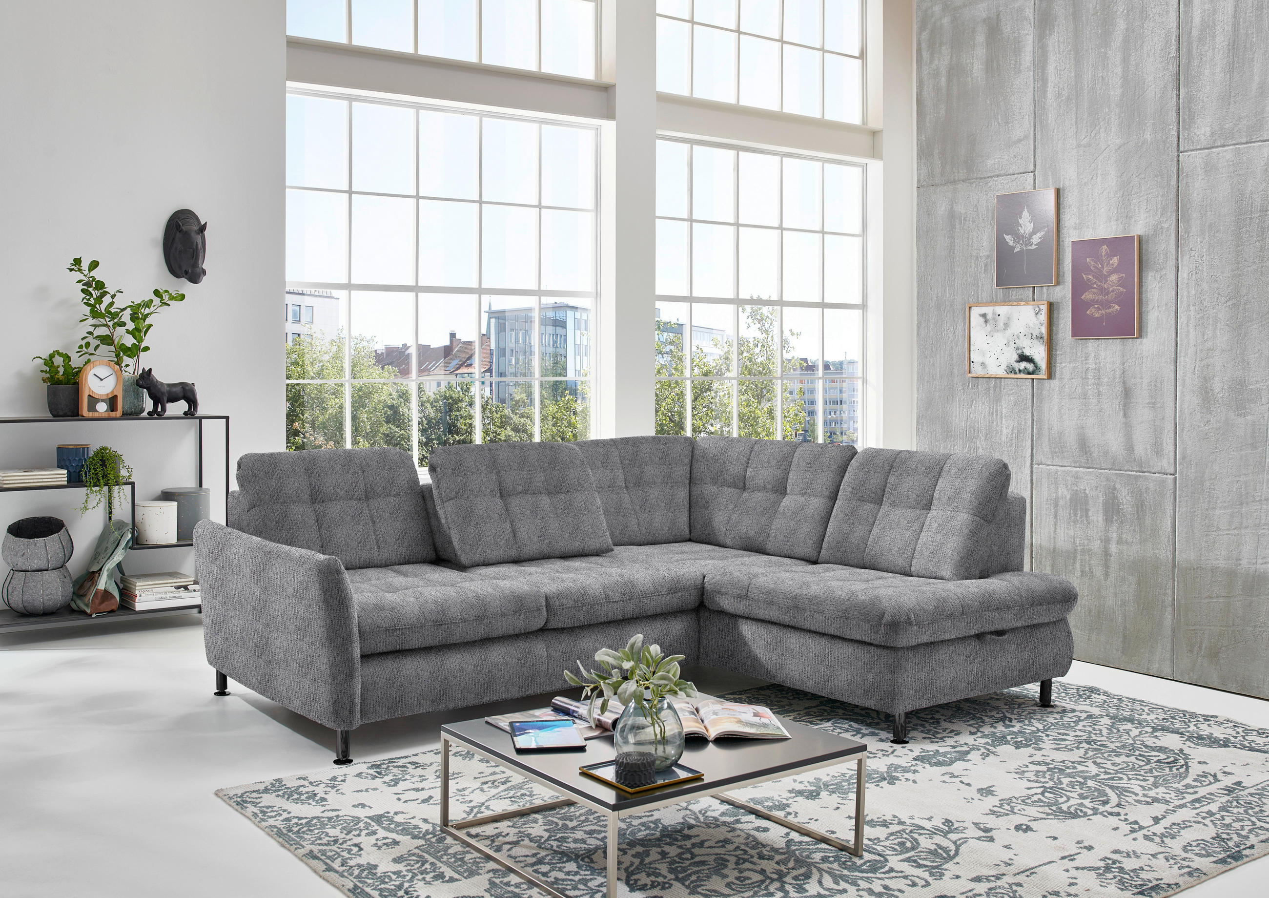 ECKSOFA in Webstoff Graubraun  - Graubraun/Schwarz, Konventionell, Textil/Metall (242/210cm) - Beldomo Style