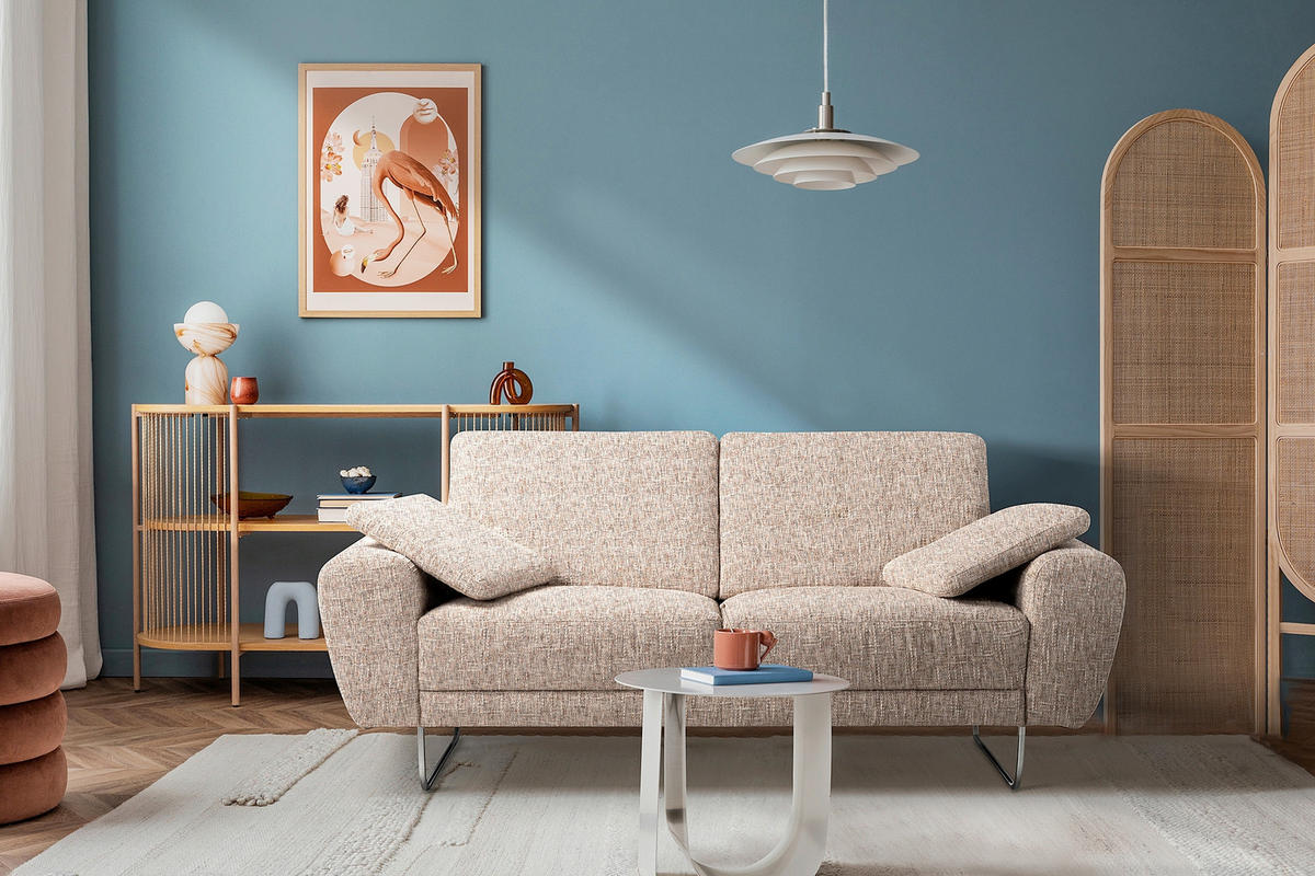 2-SITZER-SOFA SPRING in Webstoff Blau, Gelb, Rot, Weiß Modern  - Chromfarben/Blau, Design, Textil/Metall (157/85/92cm) - Livetastic
