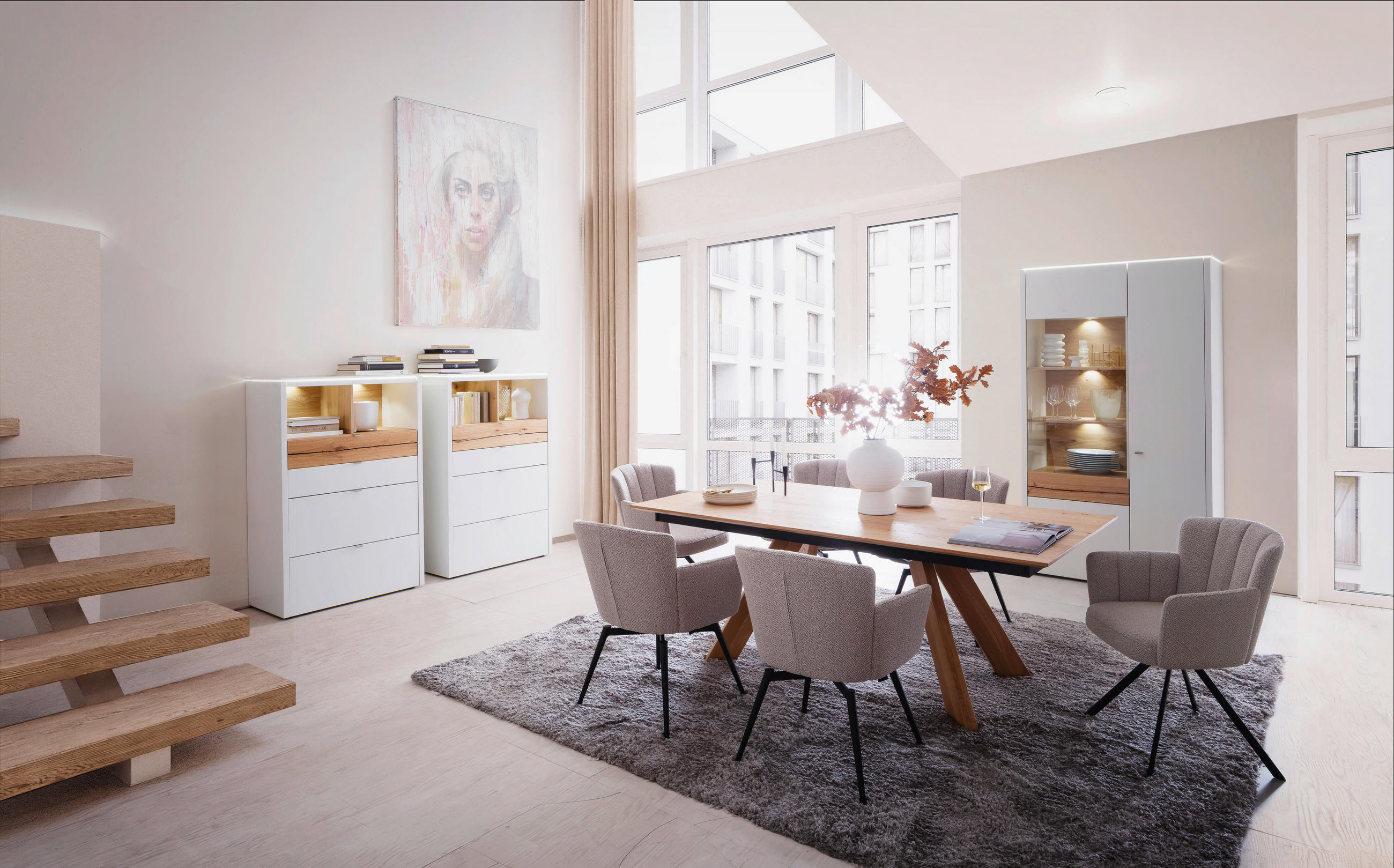 VITRINE in furniert Eiche Weiß, Eichefarben  - Edelstahlfarben/Eichefarben, Design, Glas/Holz (107/208/43cm) - Venjakob
