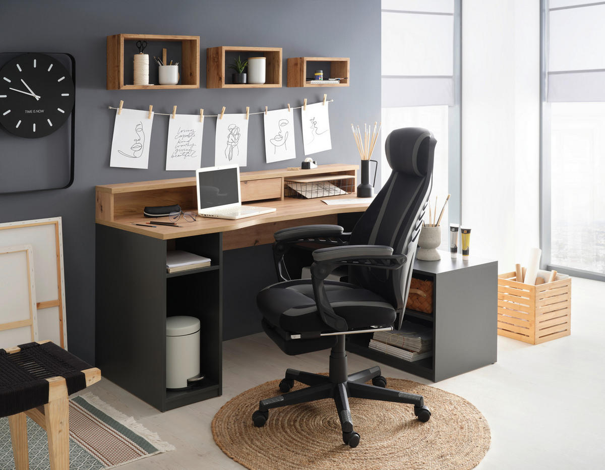 KOTNA PISALNA MIZA leseni material antracit, barve hrasta  - barve hrasta/antracit, Trend, leseni material (160/92,4/120cm) - Carryhome