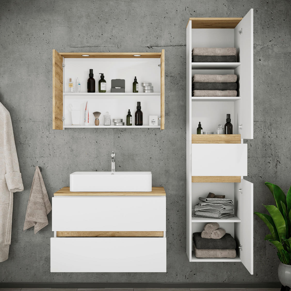 BADEZIMMER 4-teilig  in 120 cm  - Honigeiche/Weiß, Trend, Keramik/Holzwerkstoff (120cm) - MID.YOU