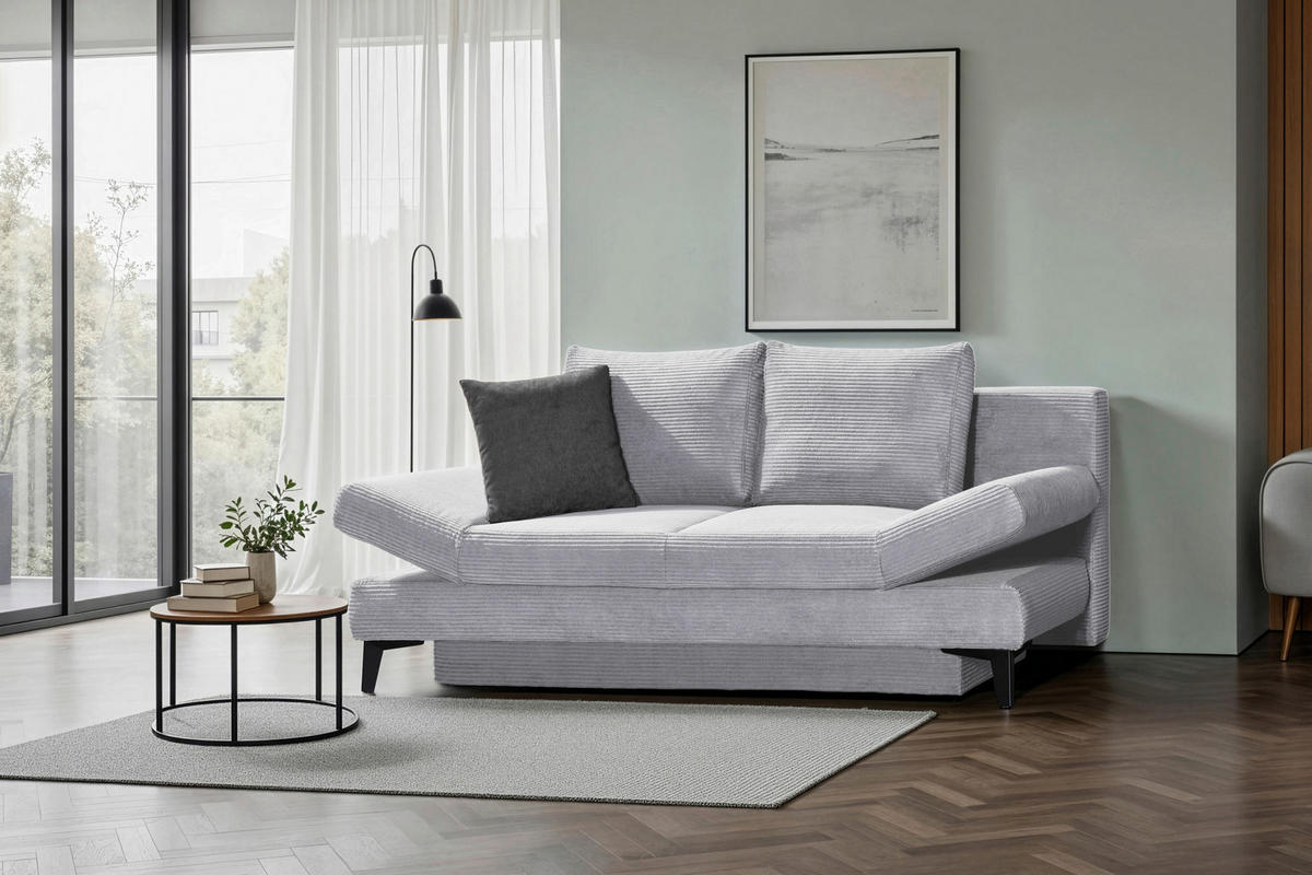 SCHLAFSOFA Cord Hellgrau  inkl. Bettkasten, Schlaffunktion, Armteilverstellung  - Hellgrau/Schwarz, Design, Textil/Metall (200/85/90cm) - Novel