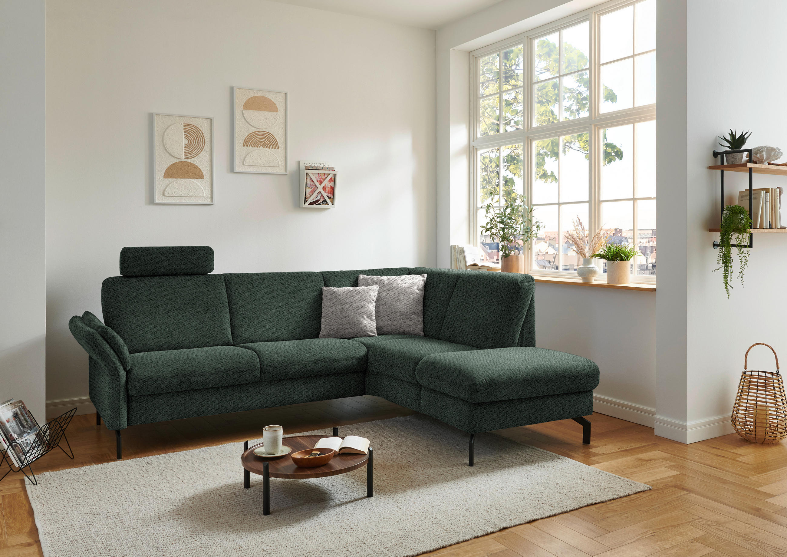 ECKSOFA in Flachgewebe Dunkelgrün  - Dunkelgrün/Schwarz, Konventionell, Textil/Metall (241/190cm) - Beldomo Comfort