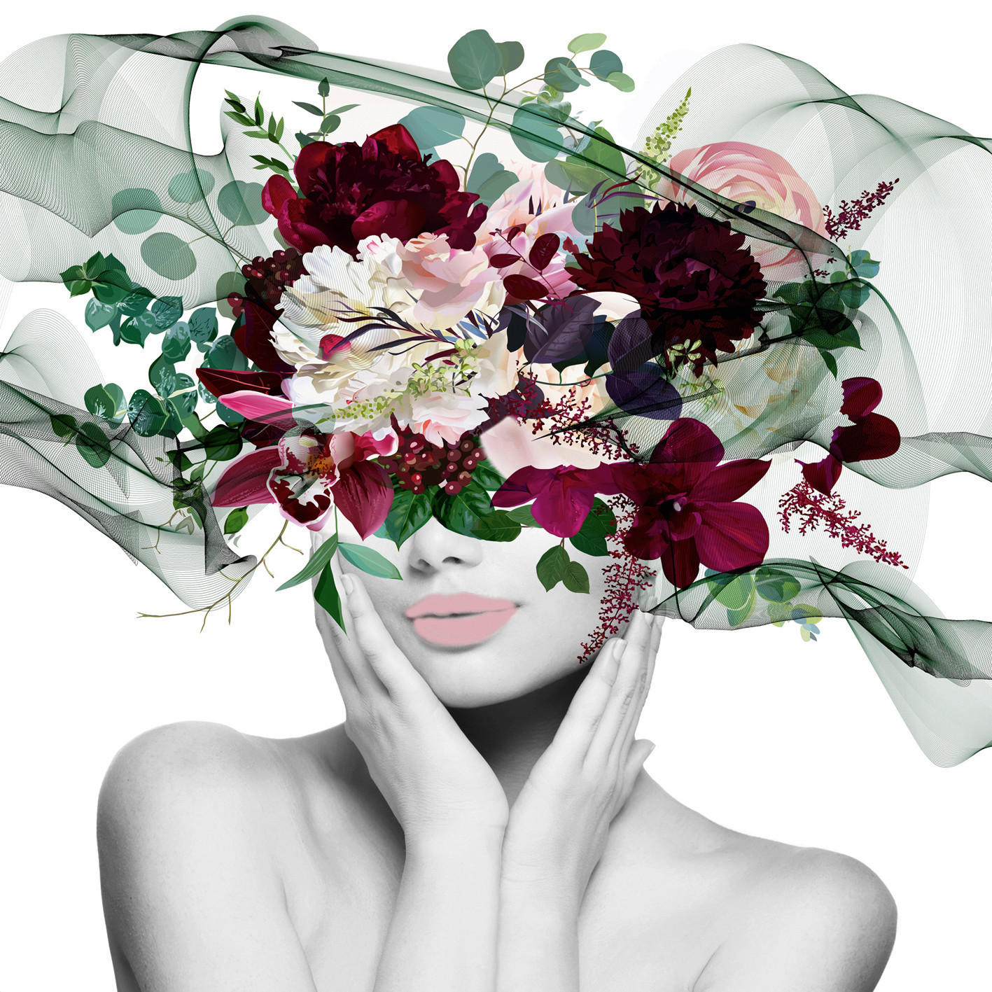 KUNSTDRUCK Blumen, Frauen 50/50 cm  - Bordeaux/Rosa, Basics, Papier (50/50cm) - Monee
