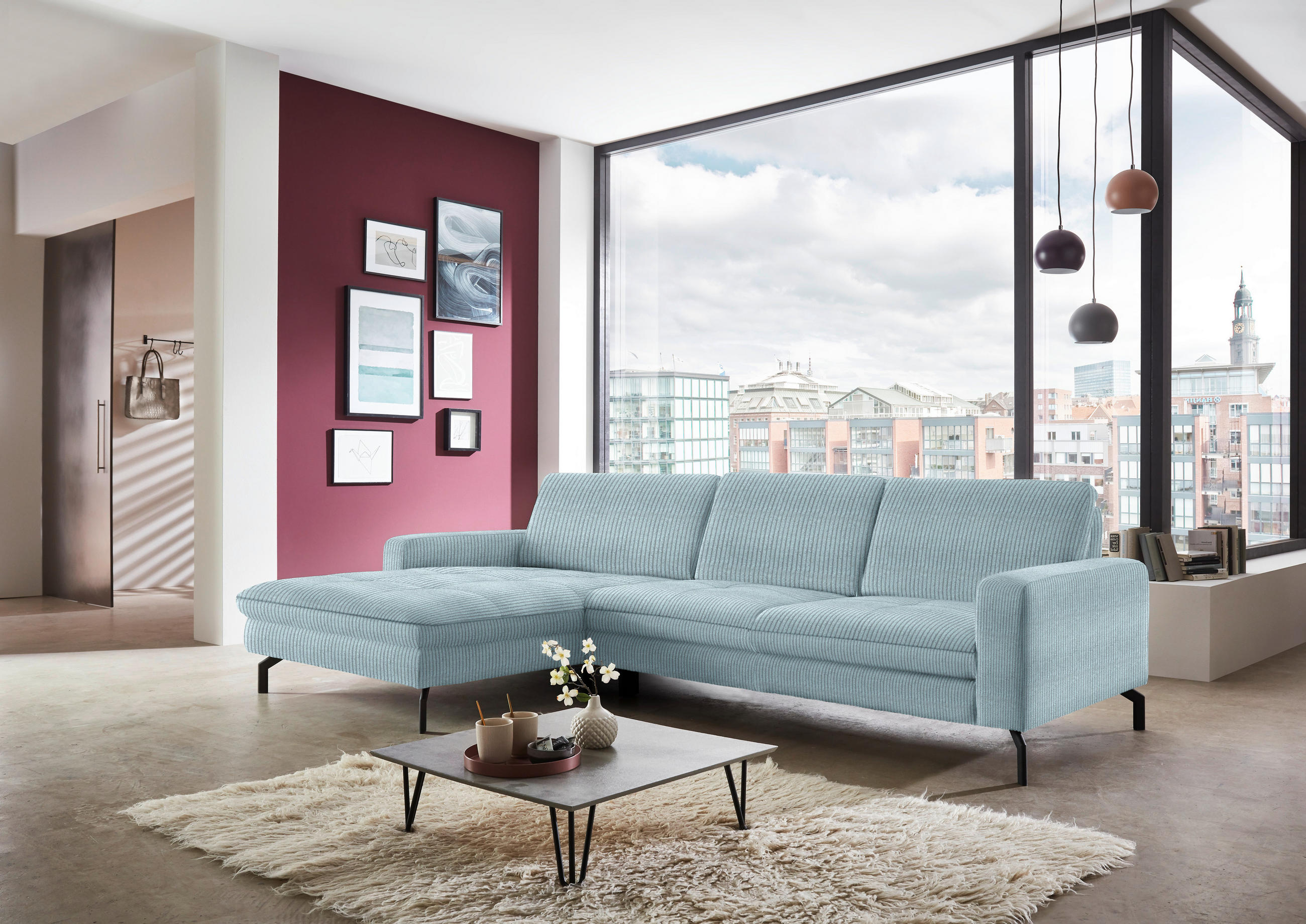 ECKSOFA in Cord Hellblau  - Schwarz/Hellblau, Design, Textil/Metall (178/302cm) - Beldomo Style