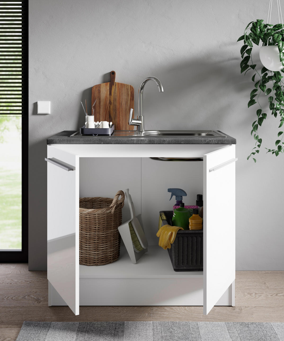 SPÜLENUNTERSCHRANK 100/90/60 cm  in Weiß, Weiß Hochglanz  - Weiß Hochglanz/Silberfarben, Design, Holzwerkstoff/Kunststoff (100/90/60cm) - P & B