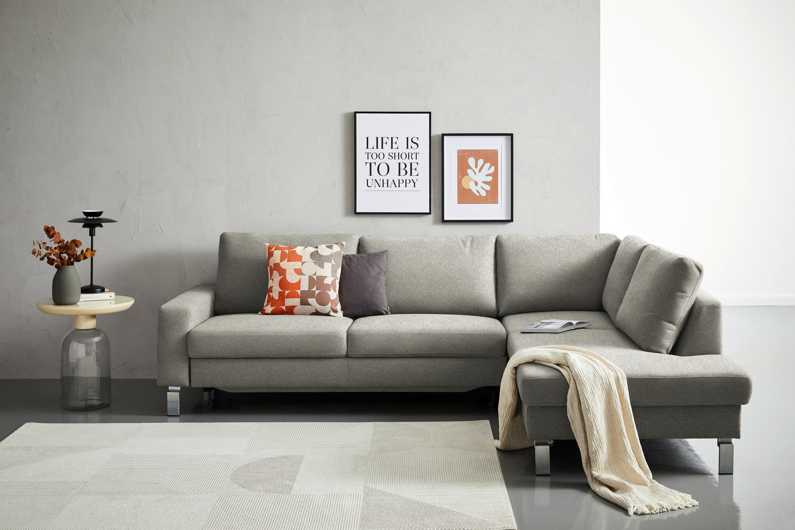 ECKSOFA in Flachgewebe Graubraun  - Chromfarben/Graubraun, Design, Textil/Metall (276/200cm) - Hom`in