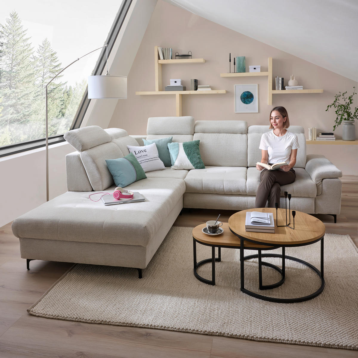 ECKSOFA in Struktur Beige  - Beige/Schwarz, Design, Textil/Metall (270/292cm) - Stylife