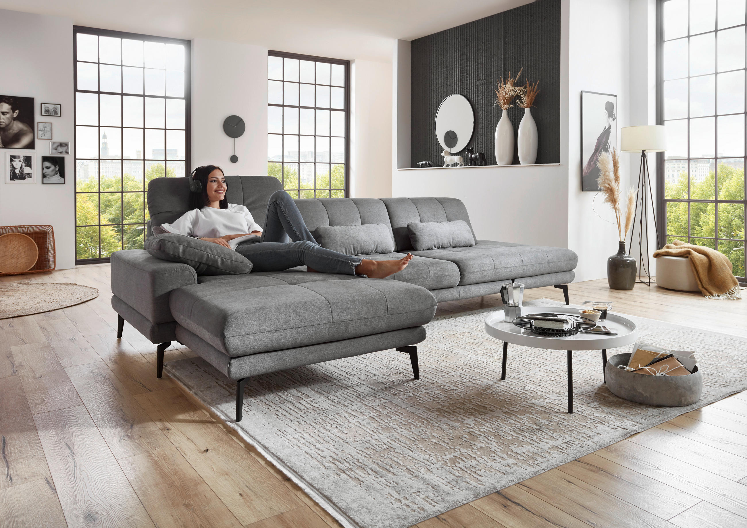ECKSOFA Grau Flachgewebe  - Schwarz/Grau, Design, Textil/Metall (190/309cm) - Beldomo Style