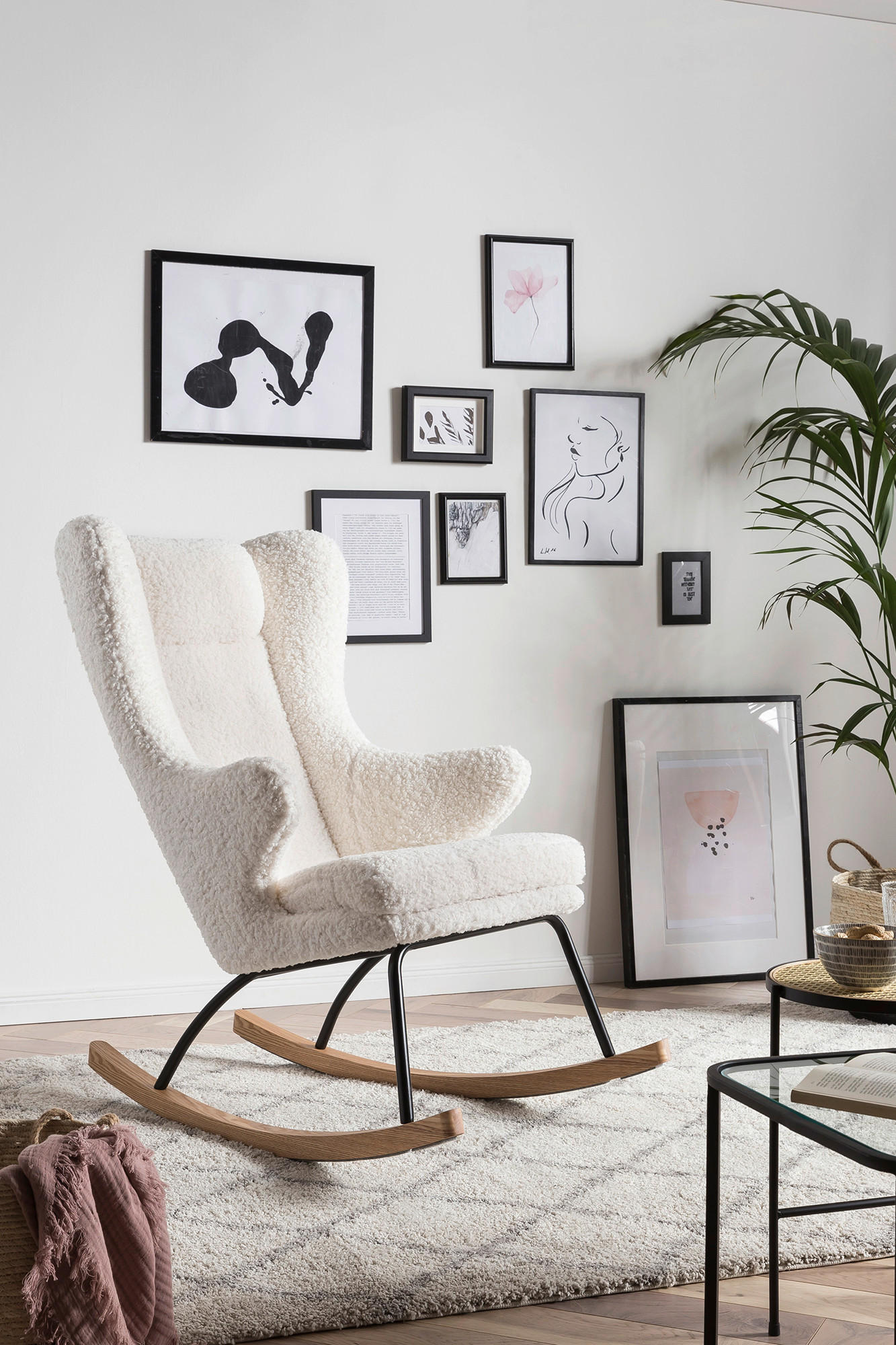 SCHAUKELSTUHL in Teddystoff Weiß  - Eichefarben/Schwarz, MODERN, Holz/Textil (66/106/104cm) - Livetastic