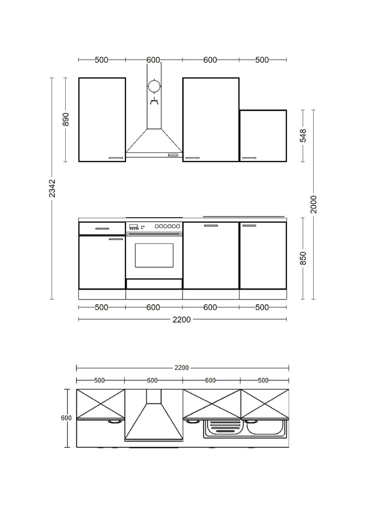 KÜCHENBLOCK 220 cm  in Eichefarben, Magnolie  - Eichefarben/Magnolie, Trend, Holzwerkstoff/Metall (220cm) - FlexWell