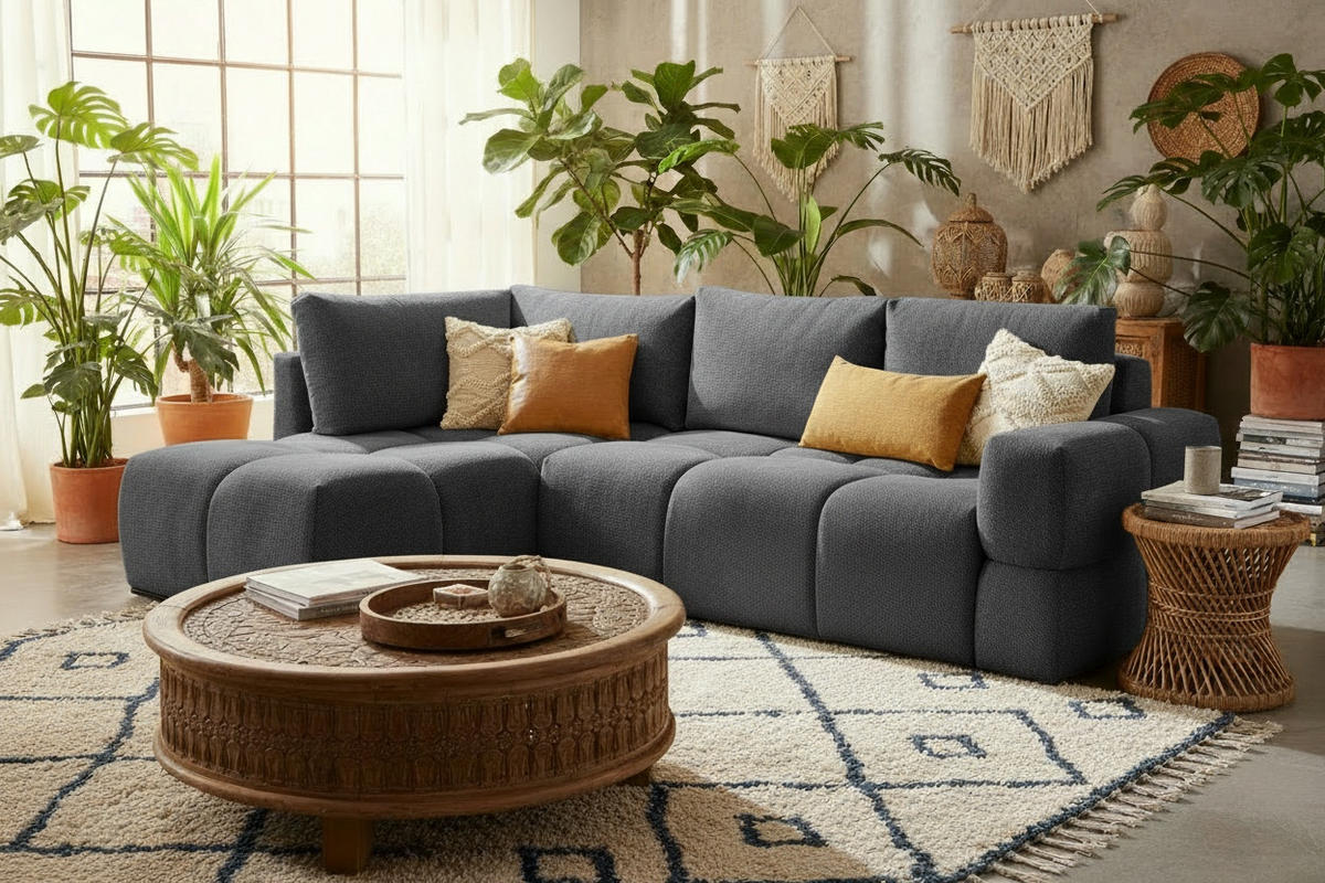 HÖRNSOFFA i chenille antracit  - svart/antracit, Design, metall/textil (185/267cm) - Stylife