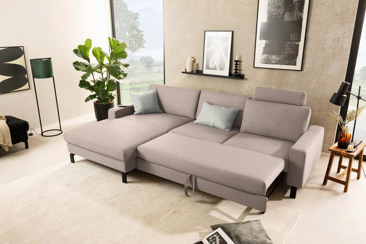 ECKSOFA  in Cord Taupe Rücken echt, Sitztiefenverstellung  185/298 cm  - Taupe/Schwarz, Design, Textil/Metall (185/298cm) - Pure Home Lifestyle